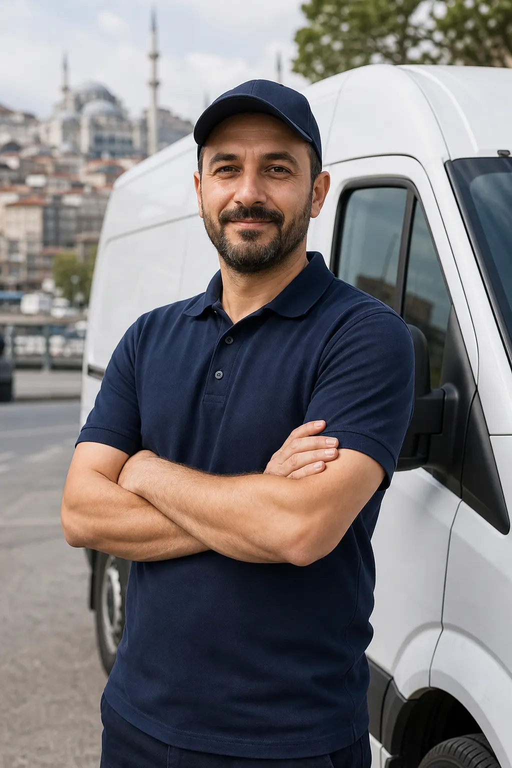 Profesyonel araçlı kurye sürücüsü beyaz panelvan önünde